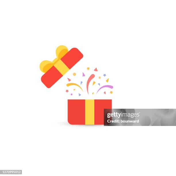 ilustrações de stock, clip art, desenhos animados e ícones de open red gift confetti background - admirado