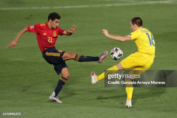 Jesus Navas of Spain competes for the ball with Bogdan Mykhaylichenko of Ukraine during the UEFA Nations League group stage match between Spain and...