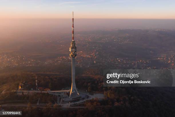 drone view at tower avala during great polution - belgrade skyline imagens e fotografias de stock