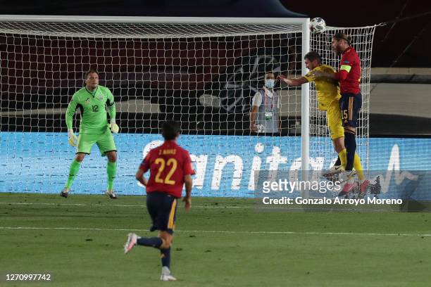 Sergio Ramos of Spain scores his team's second goal during the UEFA Nations League group stage match between Spain and Ukraine at Estadio Alfredo Di...