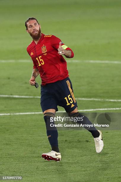 Sergio Ramos of Spain celebrates after scoring his team's second goal during the UEFA Nations League group stage match between Spain and Ukraine at...