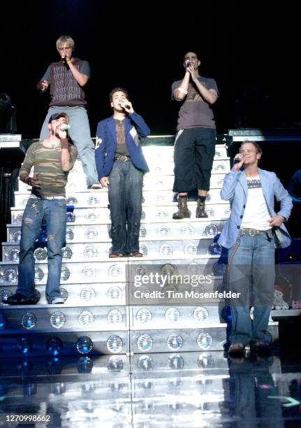 McLean, Nick Carter, Howie Dorough, Kevin Richardson, and Brian Littrell of Backstreet Boys perform during the band's "Never Gone" tour at Chronicle...