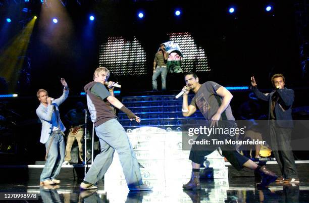 Brian Littrell, Nick Carter, A.J. McLean, Kevin Richardson, and Howie Dorough of Backstreet Boys perform during the band's "Never Gone" tour at...