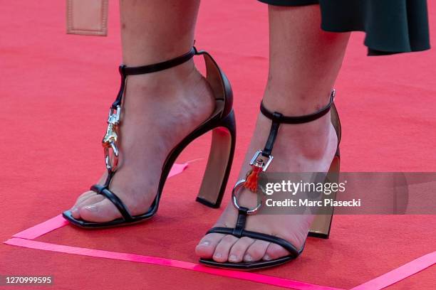 Actress Luana Bajrami, shoe detail, attends "Les Deux Alfred" premiere at the 46th Deauville American Film Festival on September 06, 2020 in...
