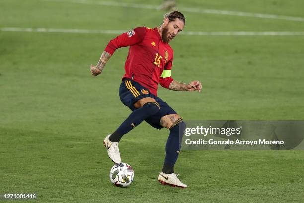 Sergio Ramos of Spain controls the ball during the UEFA Nations League group stage match between Spain and Ukraine at Estadio Alfredo Di Stefano on...