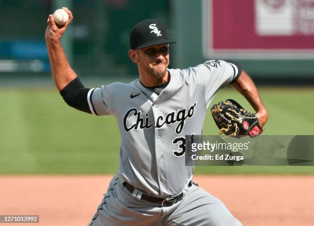 Relief pitcher Steve Cishek of the Chicago White Sox throws in the eighth inning against the Kansas City Royals at Kauffman Stadium on September 06,...