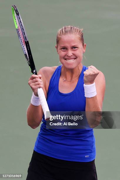 Shelby Rogers of the United States celebrates winning match point during her Women's Singles fourth round match against Petra Kvitova of the Czech...