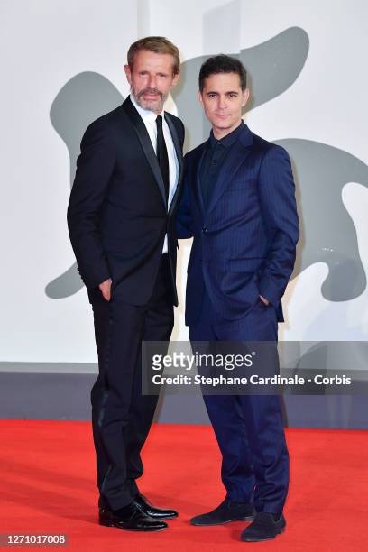Lambert Wilson and Pedro Alonso walk the red carpet ahead of the movie "The World To Come" at the 77th Venice Film Festival on September 06, 2020 in...