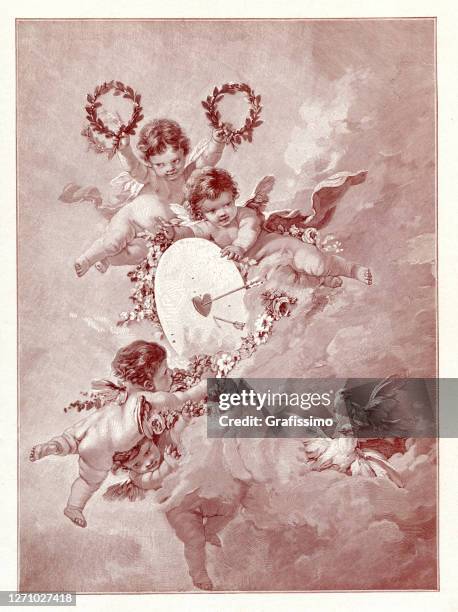 cupid angel amor in the clouds in love with bow and arrow 1892 - baby angel wings stock illustrations