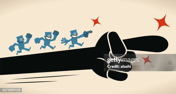 giant hand leads a group of people, teamwork cooperation and the bigger picture concept - following directions stock illustrations