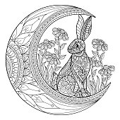 doodle Rabbit on the moon s adult coloring page, Illustration  style.