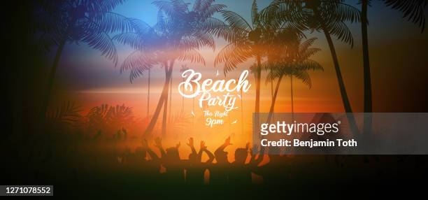 sommer-strand-party-plakat mit tropischen strand am abend - beachparty stock-grafiken, -clipart, -cartoons und -symbole