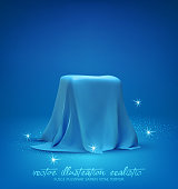 Rectangular Podium, box covered with blue silk isolated on light blue background. Gift hidden under a draped satin fabric or a podium for advertising cosmetics, jewelry. Realistic vector illustration.
