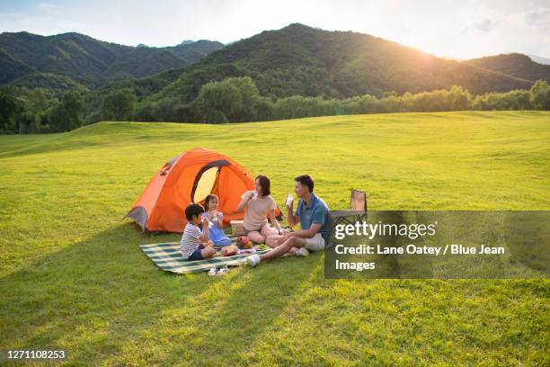 happy young family having a picnic outdoors - asian family camping stock pictures, royalty-free photos & images