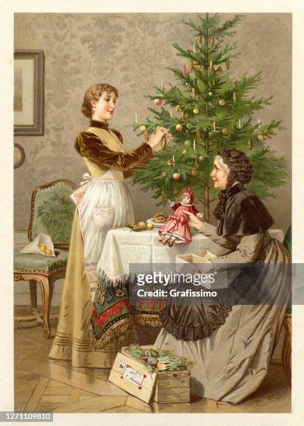 ilustraciones, imágenes clip art, dibujos animados e iconos de stock de madre e hija decorando árbol de navidad 1892 - 19th century style