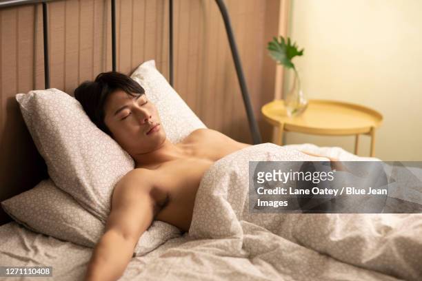 young man sleeping in bed - matt lane stock-fotos und bilder