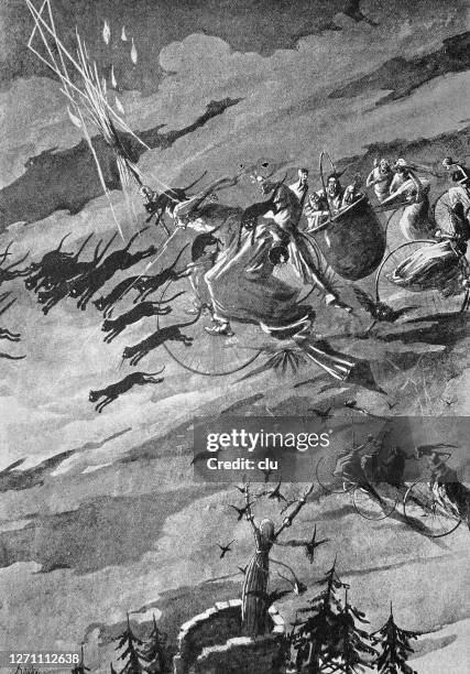 walpurgis night on wheels - witch flying stock illustrations