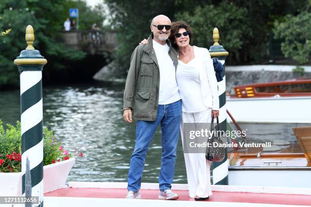 Ivano Marescotti and Corinne Clery are seen arriving at the 77th Venice Film Festival on September 07, 2020 in Venice, Italy.