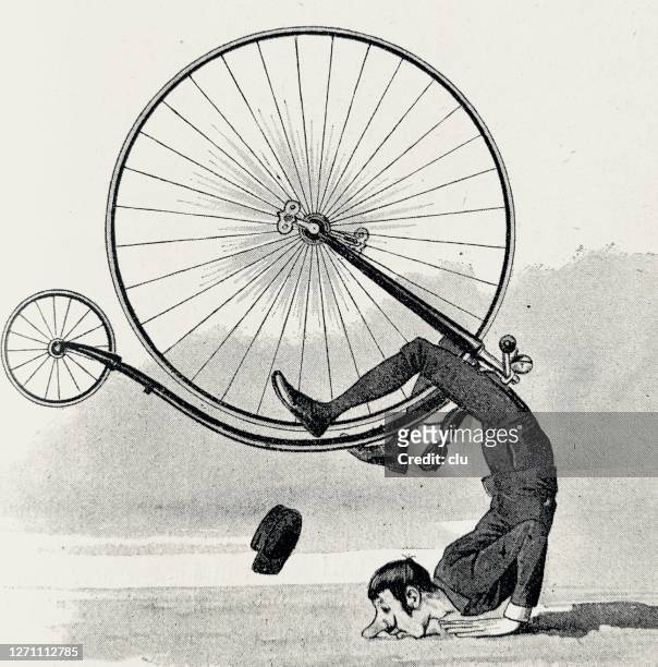 ilustraciones, imágenes clip art, dibujos animados e iconos de stock de choque perfecto de un ciclista artístico, aterrizando en la nariz, soporte de mano - handstand