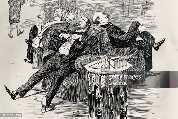 ilustraciones, imágenes clip art, dibujos animados e iconos de stock de dos hombres hablando en sofás acogedores, espalda con espalda - lying down sofa