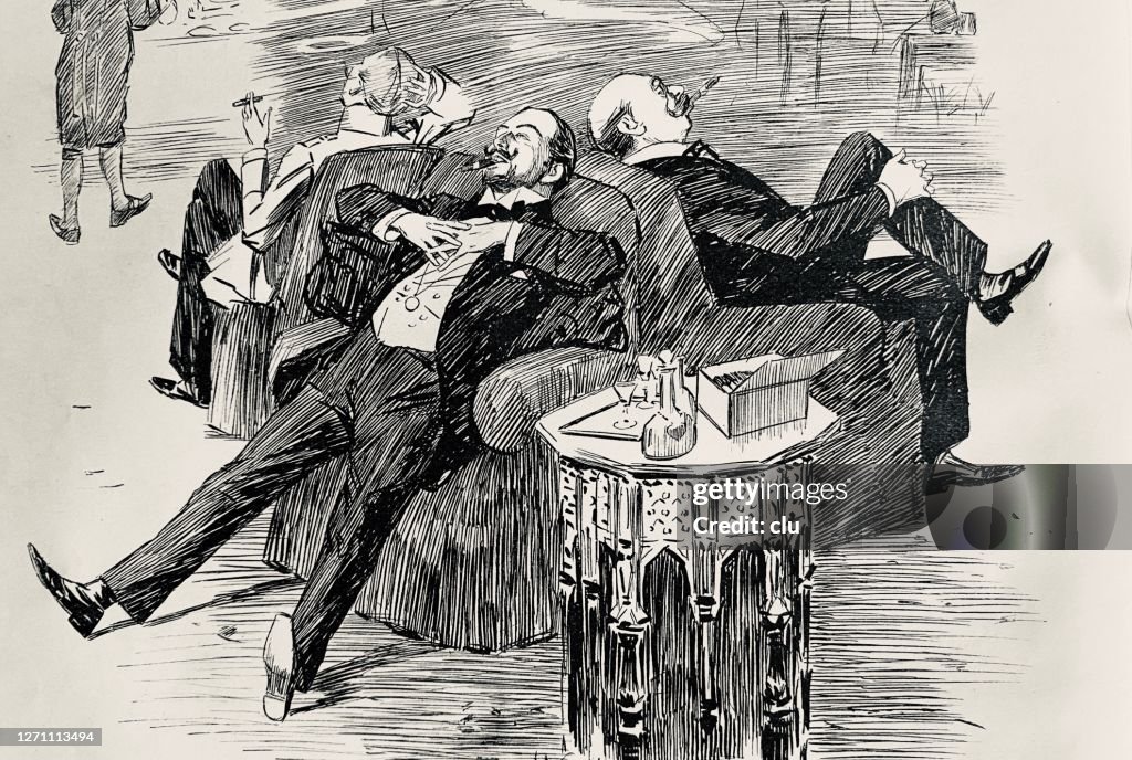 Two men talking in cozy sofas, back to back