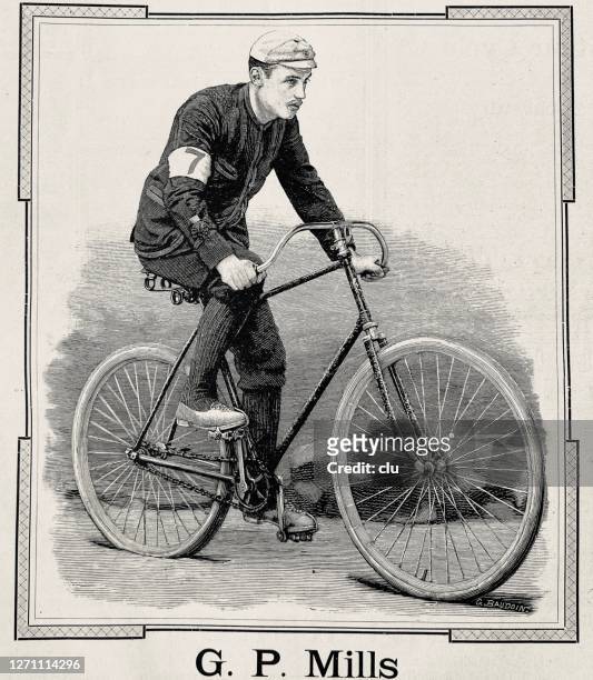 winner of the race paris-bordeaux 1891: g.p. mills - 1891 stock illustrations