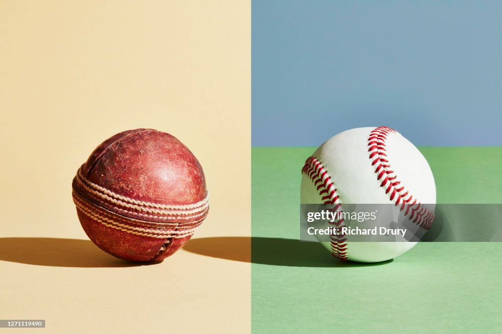 Composite image of an old cricket ball and new baseball ball
