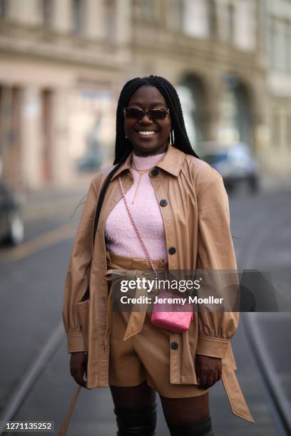 Lois Opoku wearing Zara complete look, Chanel bag and Vogue eyewear x Gigi Hadid shades on September 06, 2020 in Berlin, Germany.