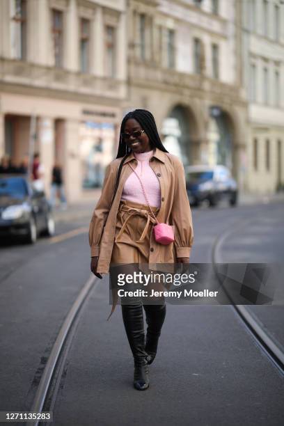 Lois Opoku wearing Zara complete look, Chanel bag and Vogue eyewear x Gigi Hadid shades on September 06, 2020 in Berlin, Germany.