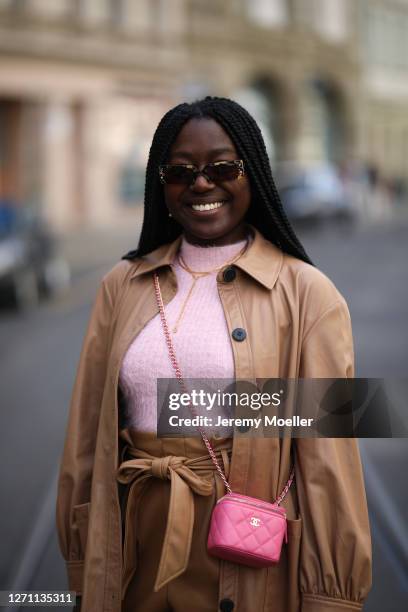 Lois Opoku wearing Zara complete look, Chanel bag and Vogue eyewear x Gigi Hadid shades on September 06, 2020 in Berlin, Germany.