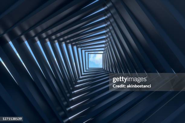 túnel oscuro abstracto, puerta al cielo - perspectiva en disminución fotografías e imágenes de stock
