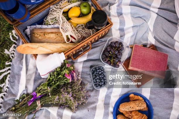 der korb für das picknick wurde ausgepackt - picknickkorb stock-fotos und bilder