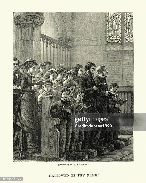 stockillustraties, clipart, cartoons en iconen met kerk congregatie zingen hallowed worden uw naam, victoriaanse 1870s, 19e eeuw - choir uk