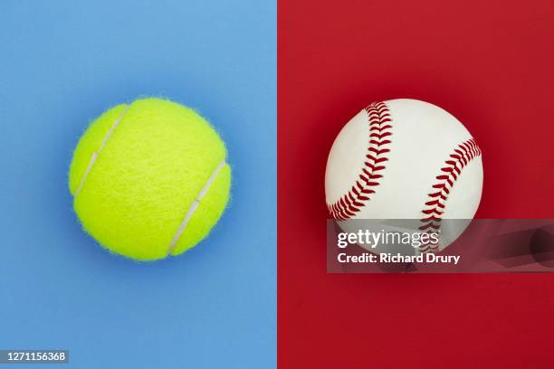 composite image of a tennis ball and a baseball ball - balle de tennis photos et images de collection