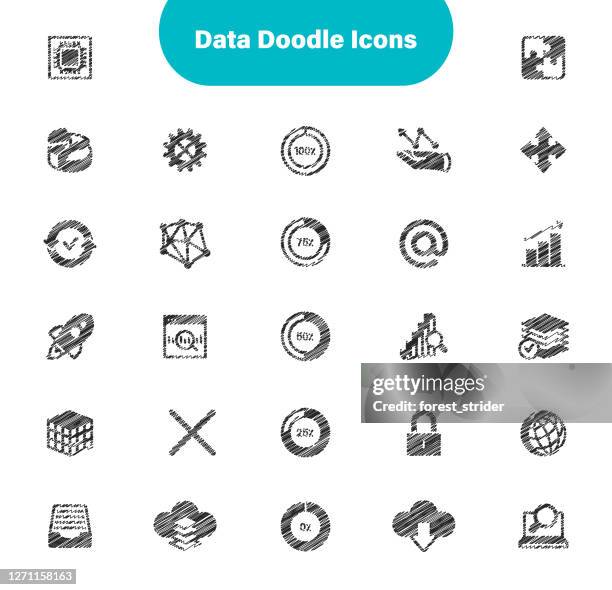 data doodle icons - 2020 progress report stock illustrations