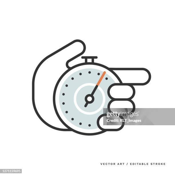 stockillustraties, clipart, cartoons en iconen met monoline-pictogram — hand holding stopwatch - clock hand