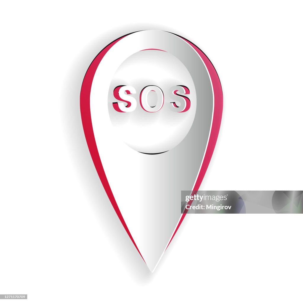 Papier geschnitten Marker Position mit SOS-Symbol isoliert auf weißem Hintergrund. SOS-Aufrufpositionsmarkierung. Kartenzeigerzeichen. SOS punktgenaues Zeichen mit Text. Papier-Kunst-Stil. Vektor