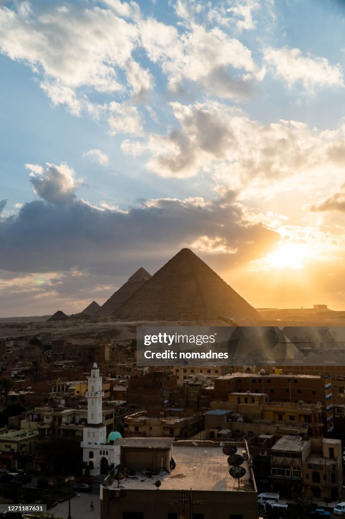 The Great Pyramid of Giza with Sunset and Dramatic sky.