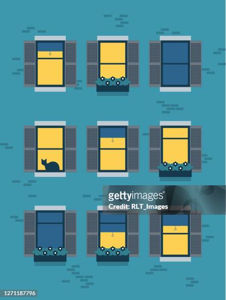 stockillustraties, clipart, cartoons en iconen met illustratie van stedelijk flatgebouw bij nacht - looking through a window