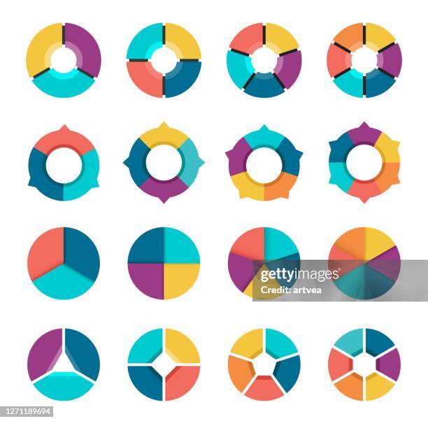 bunte tortendiagramm-sammlung mit 3,4,5,6 abschnitten oder schritten. - 5 segment infographics vector stock-grafiken, -clipart, -cartoons und -symbole