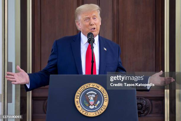 President Donald Trump delivers remarks during a news conference at the North Portico at the White House on September 07, 2020 in Washington, DC....