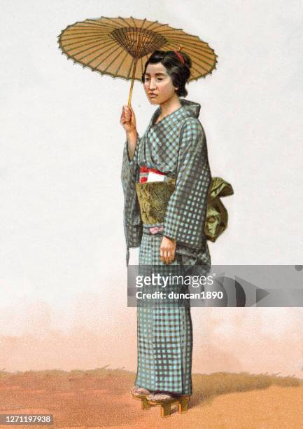 stockillustraties, clipart, cartoons en iconen met vrouw met parasol in traditionele japanse kleding, manier - kimono