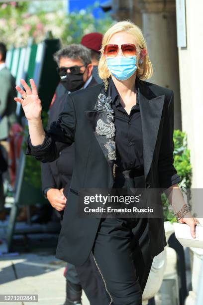 Cate Blanchett is seen arriving at the Excelsior during the 77th Venice Film Festival on September 07, 2020 in Venice, Italy.
