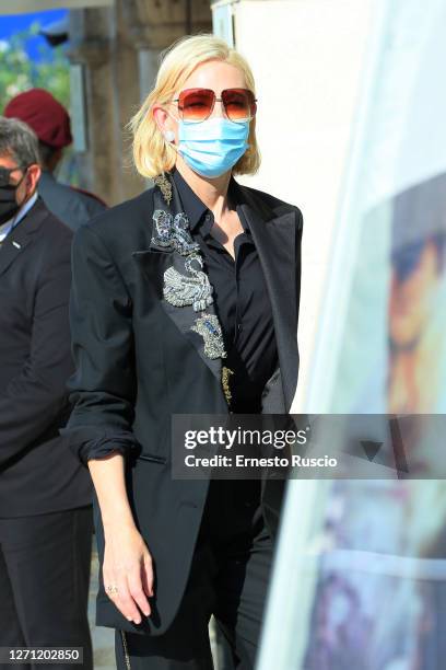 Cate Blanchett is seen arriving at the Excelsior during the 77th Venice Film Festival on September 07, 2020 in Venice, Italy.