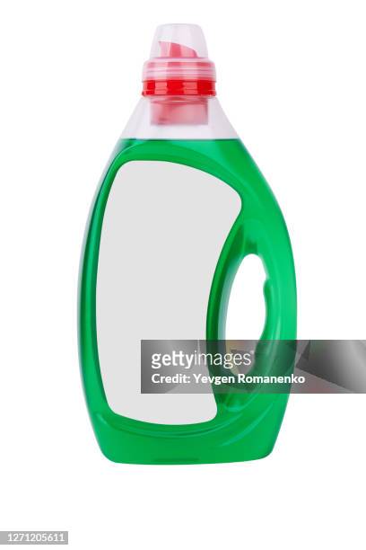 liquid laundry detergent in a transparent plastic bottle with dispenser - cleaning product 個照片及圖片檔