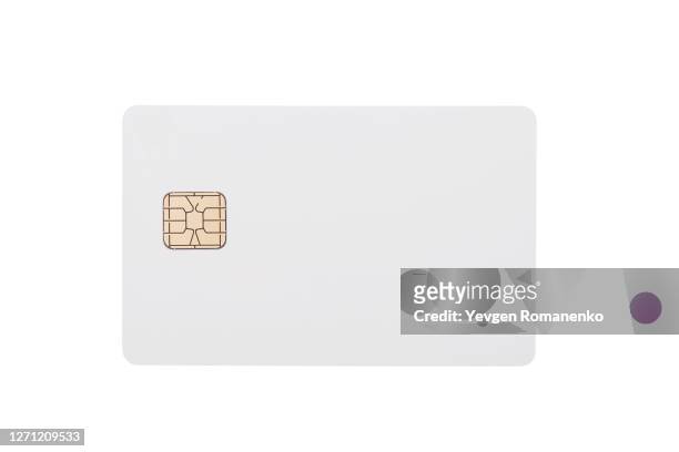 white credit card with chip, isolated on white background - credit card stock-fotos und bilder