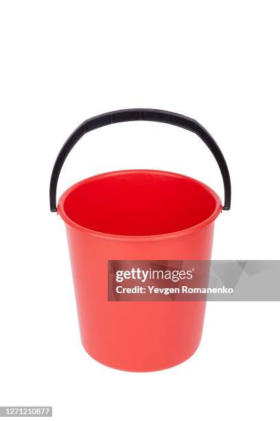 red plastic bucket, isolated on white background - バケツ　無人 ストックフォトと画像