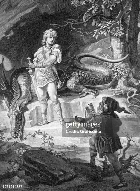 sigurd and mime in opera rheingold 1892 - sigurd mythological character stock illustrations