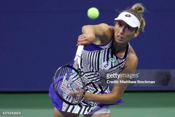 Elise Mertens of Belgium serves during her Women’s Singles fourth round match against Sofia Kenin of the United States on Day Eight of the 2020 US...