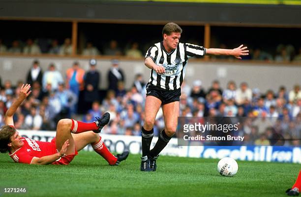 Paul Gascoigne of Newcastle United leaves Jan Molby of Liverpool sprawled on the ground during a Today League Division One match at St James'' Park...